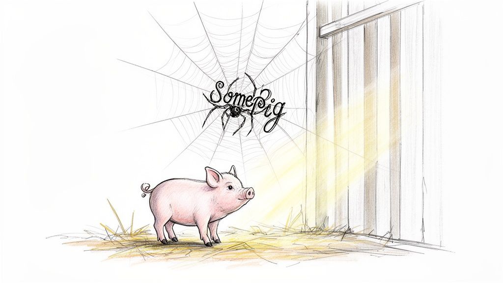 A charming illustration of a pink piglet on hay looking up at a spiderweb with the words 'Some Pig'.