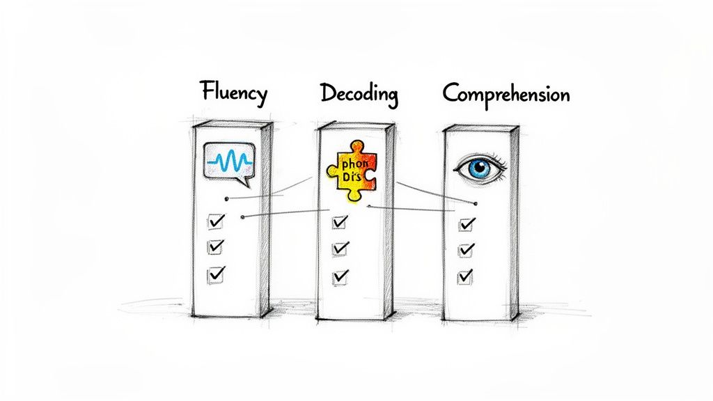 An illustration depicting three reading pillars: Fluency, Decoding, and Comprehension, with their respective icons and checked boxes.