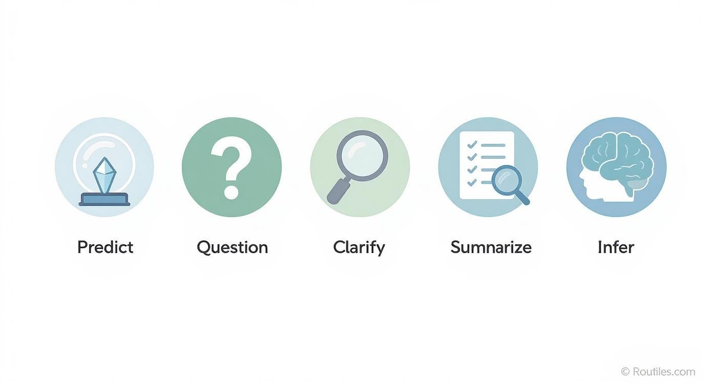 Five icons representing reading comprehension strategies: Predict, Question, Clarify, Summarize, Infer.