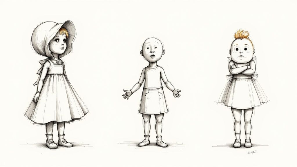 A collection of beautifully crafted antique dolls arranged in a playful scene.