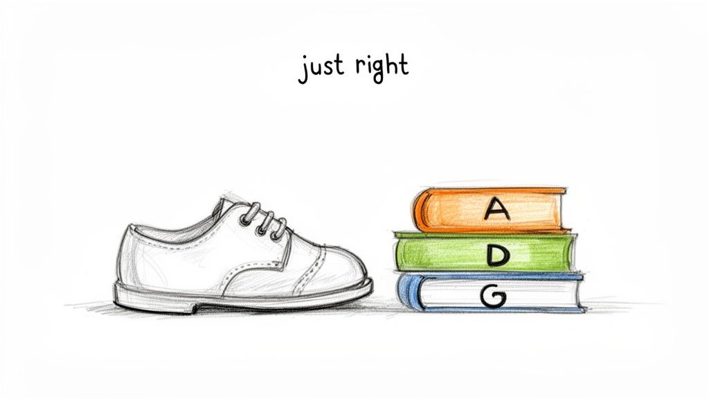 Pencil sketch of a shoe and stacked books with A, D, G reading levels, captioned 'just right'.