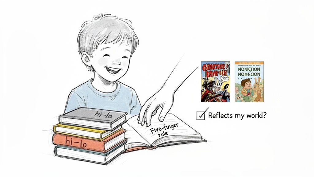 Smiling child and adult hand demonstrate the five-finger rule for choosing books, with diverse options.