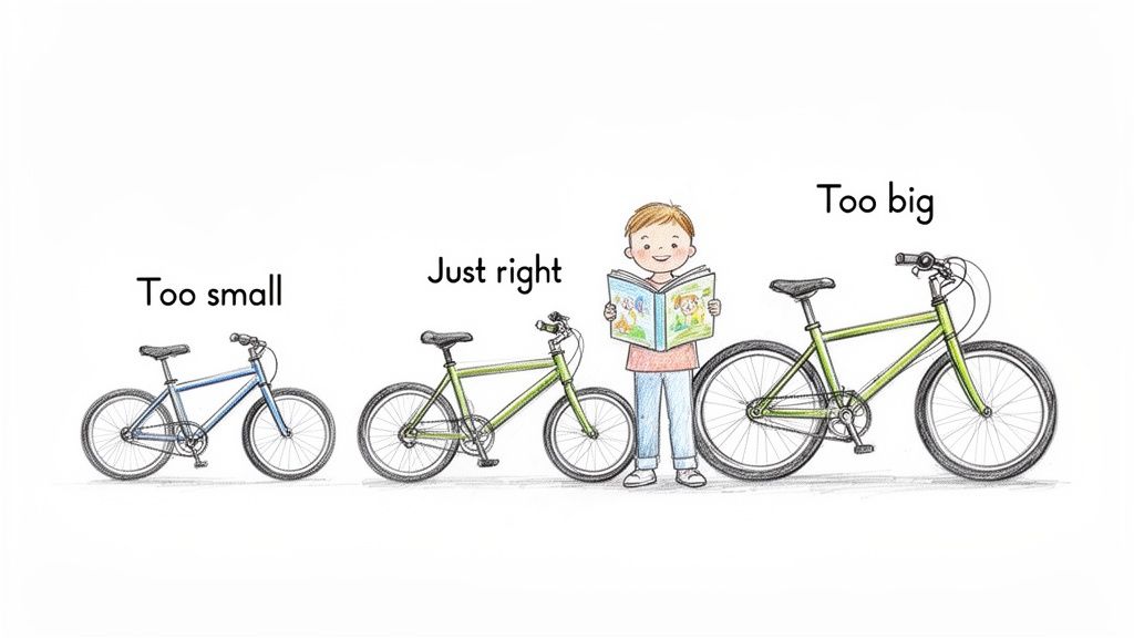 A happy boy reading a book compares three bicycles, one labeled 'Too small', one 'Just right', and one 'Too big'.