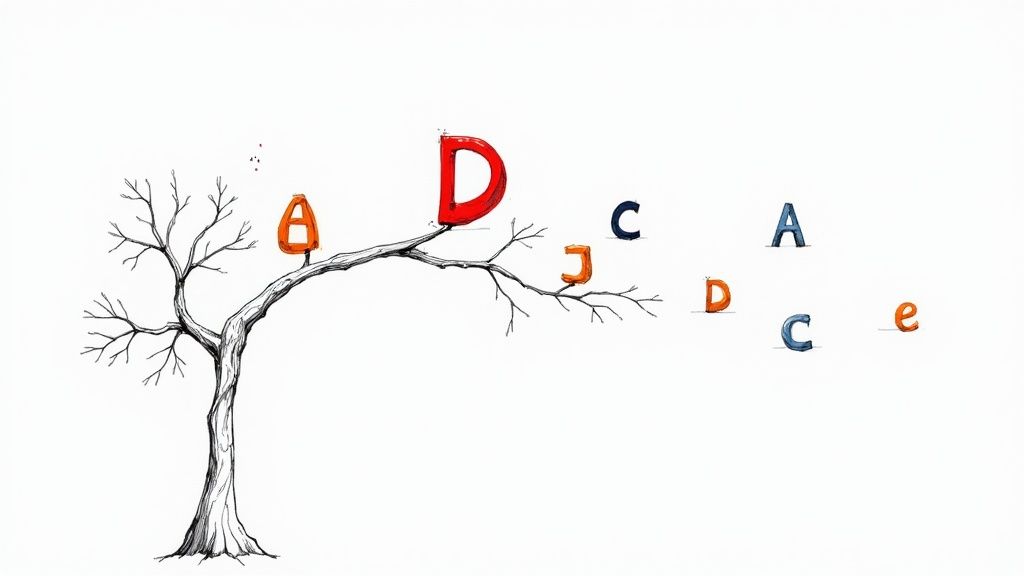 Illustration of letters scattered around the base of a coconut tree after falling.
