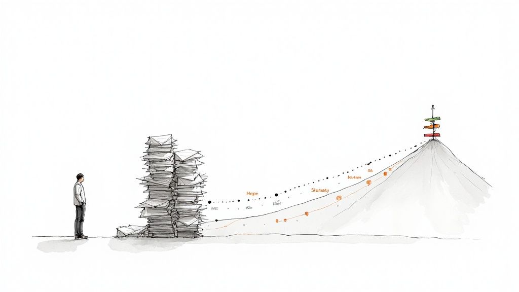 Illustration of a man facing a tall stack of papers, representing a challenging writing journey to success.