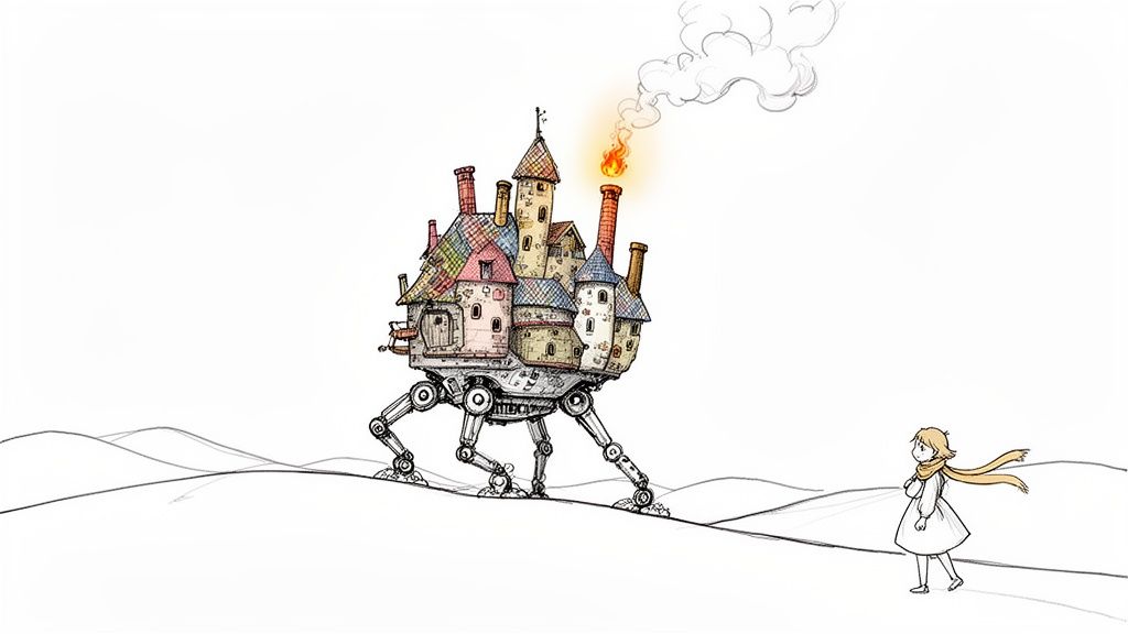 A whimsical walking house with multiple chimneys and a fiery exhaust traverses a barren landscape, watched by a girl.