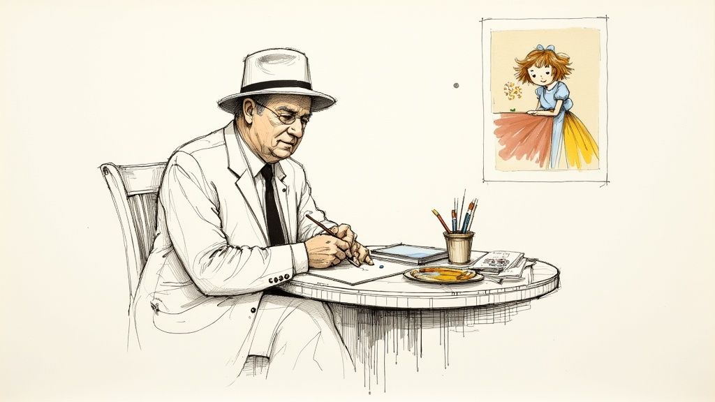 Author Ludwig Bemelmans painting a mural featuring Madeline and her classmates