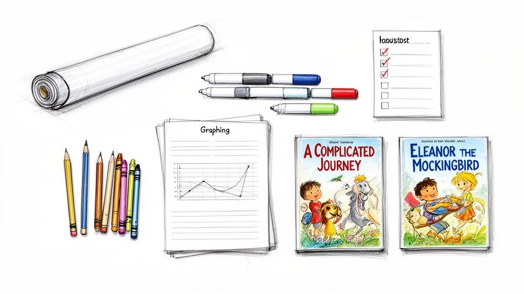 Various school supplies like books, paper, pencils, crayons, and markers, neatly arranged for study.