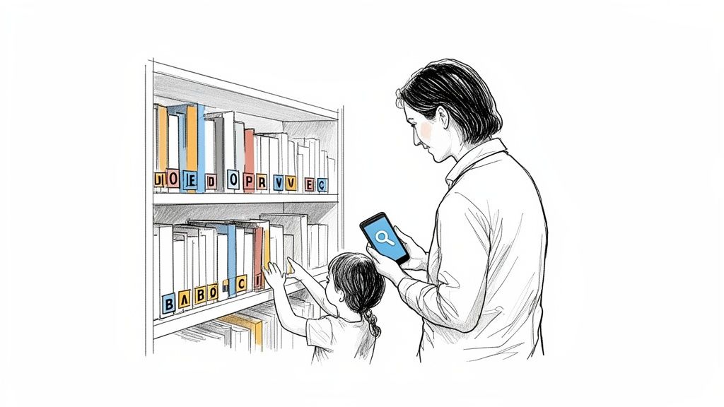 An adult and child using a smartphone with a search icon to find books on a bookshelf.