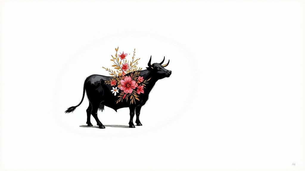 Black bull silhouette decorated with pink and red flowers and botanical elements