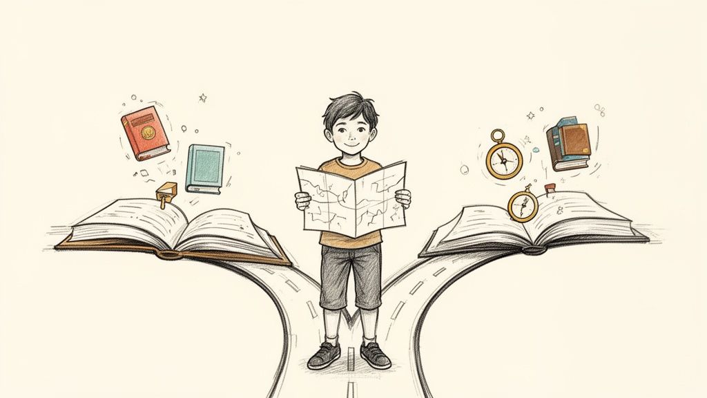 Smiling boy holding a map at a crossroads, surrounded by open books and floating objects symbolizing knowledge and adventure.