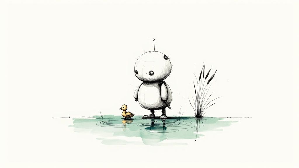 A whimsical drawing of a small, round robot and a duckling standing in shallow water with reeds.