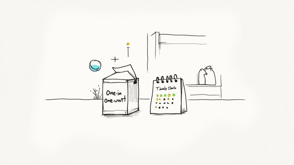 Sketch illustration of a 'One-in One-out' box and a colorful 'Today's Clock' calendar, representing organization concepts.
