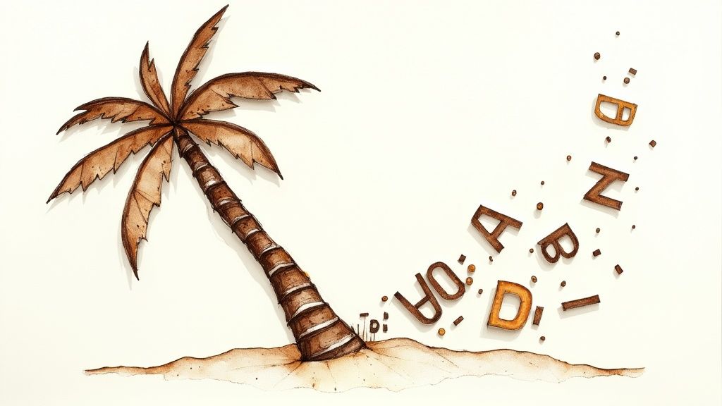 Illustration of the alphabet letters climbing the iconic coconut tree.