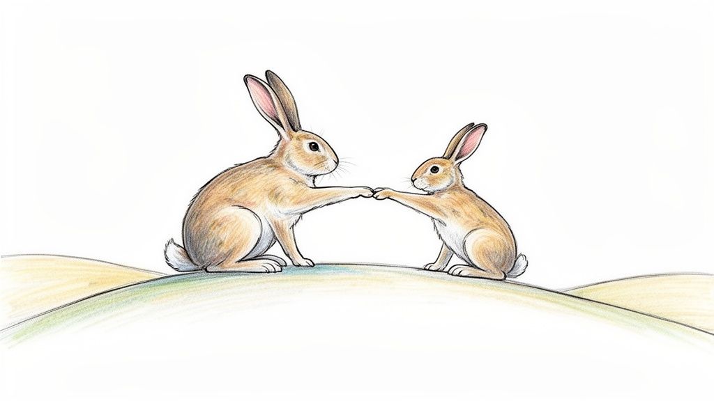 An illustration of two brown rabbits holding paws on a rolling green hill.