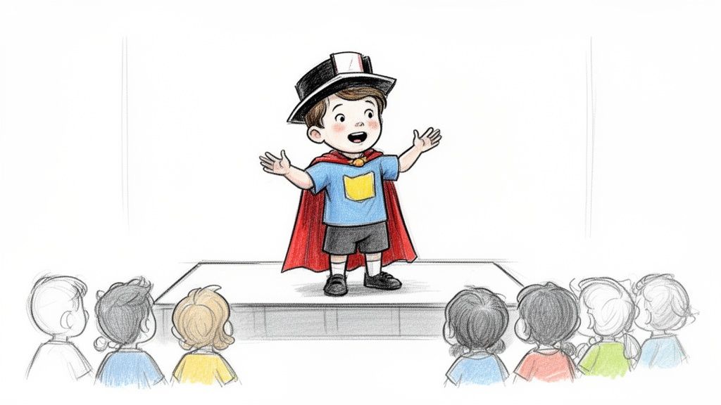 A cute boy in a magician's hat and red cape presents on stage to an audience of children.