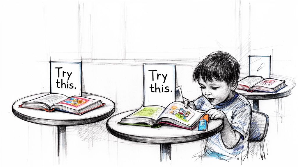 A young boy engrossed in reading a colorful book, surrounded by other books and 'Try this' signs.