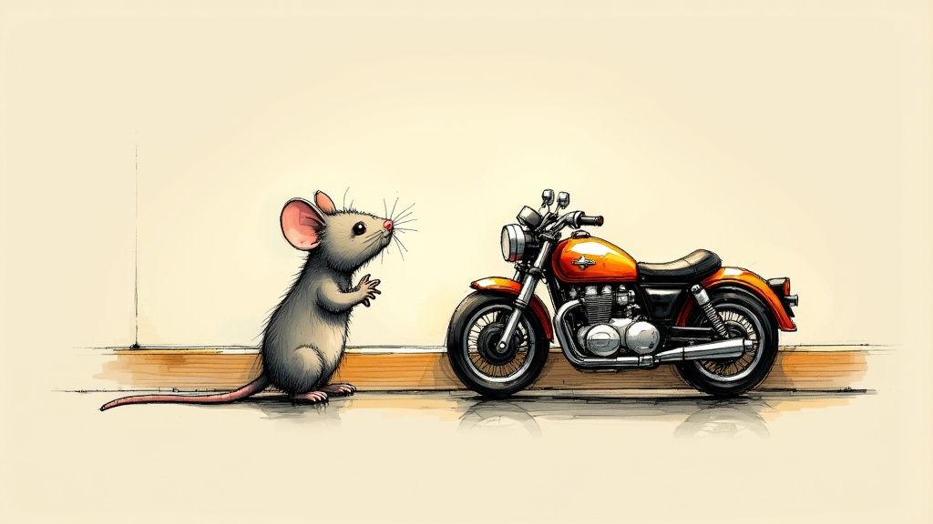 A drawing of a small mouse named Ralph S. Mouse riding a red toy motorcycle in a hotel hallway, capturing the sense of adventure from the book.