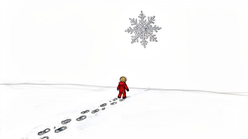 A small child in a red snowsuit walks through the snow, leaving footprints towards a large snowflake.