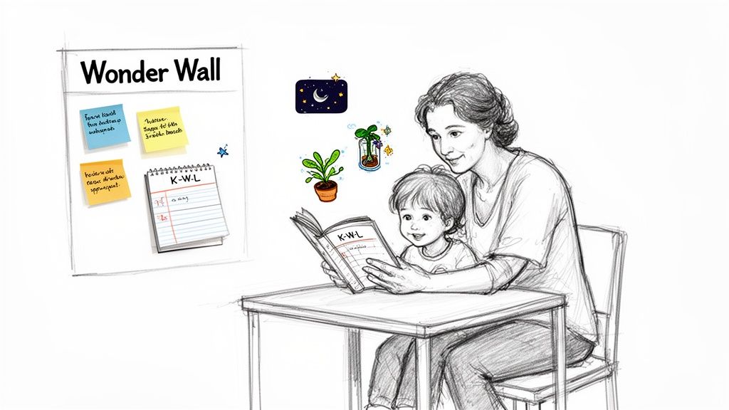 A sketch of a mother and child reading a KWL book at a table with a Wonder Wall in the background.