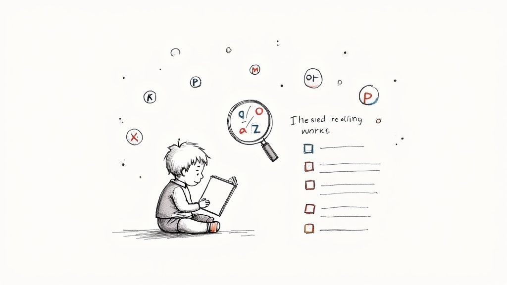 A child sits reading a book, surrounded by floating letters and a magnifying glass, representing learning challenges.