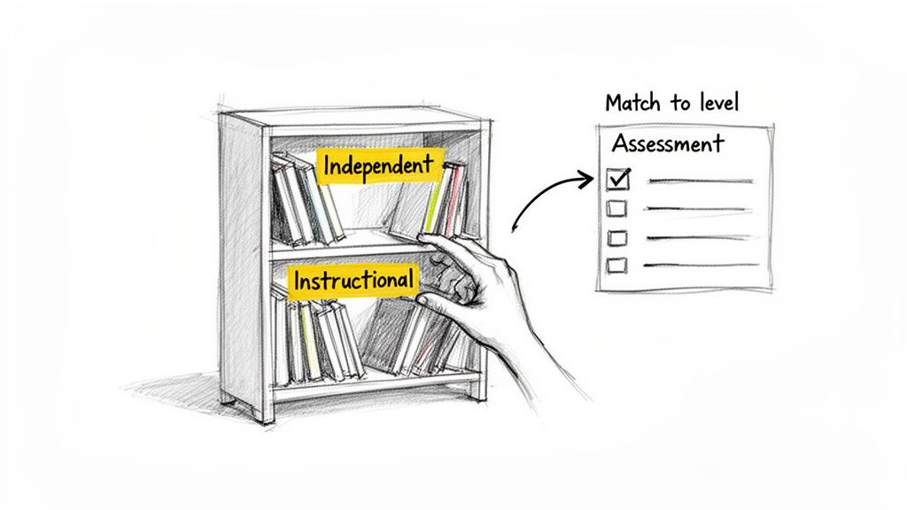 A hand selects an instructional book from a shelf, connecting to a reading level assessment checklist.
