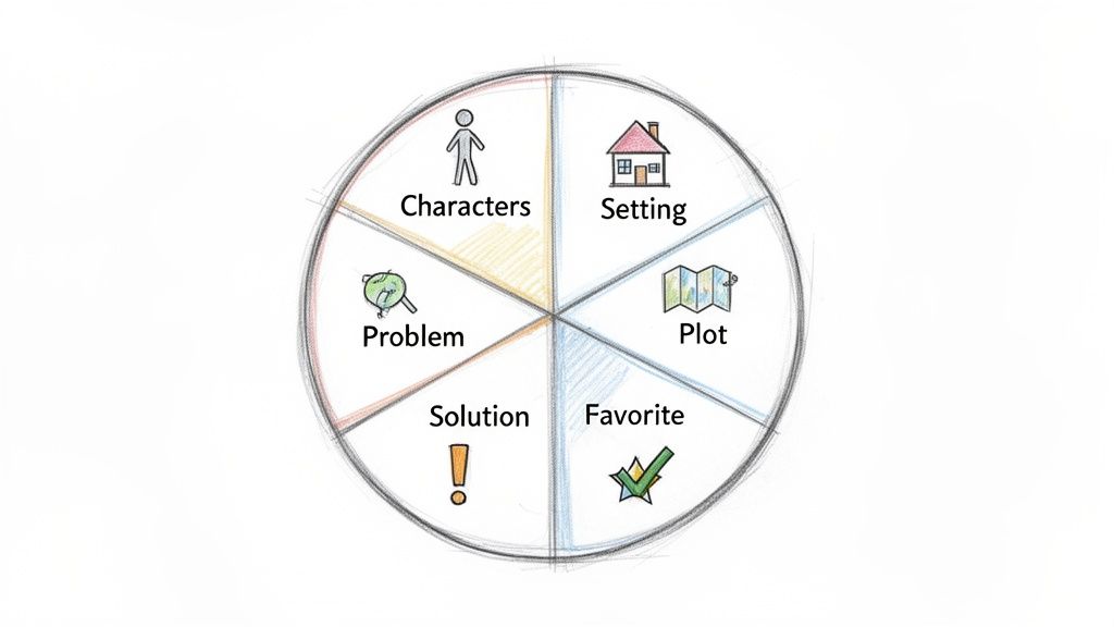 A six-section story analysis wheel showing Characters, Setting, Plot, Favorite, Solution, and Problem with icons.