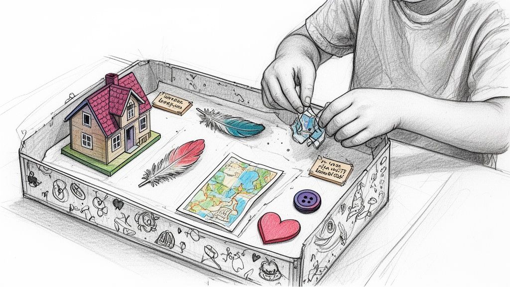 Child's hands arranging a miniature house, feathers, map, and other items in a craft box.