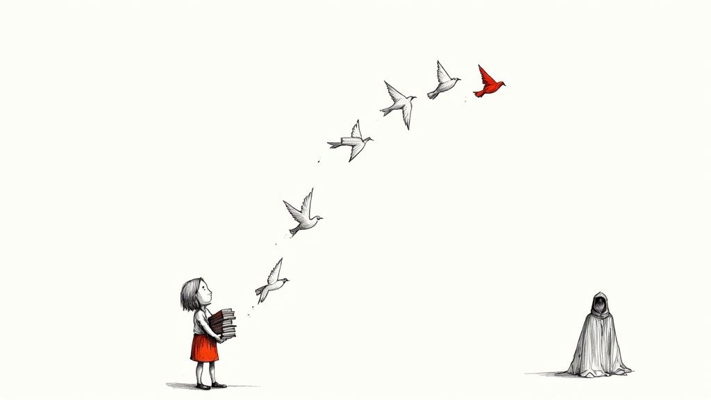 Girl holding books releases origami birds toward hooded figure representing transformative power of reading