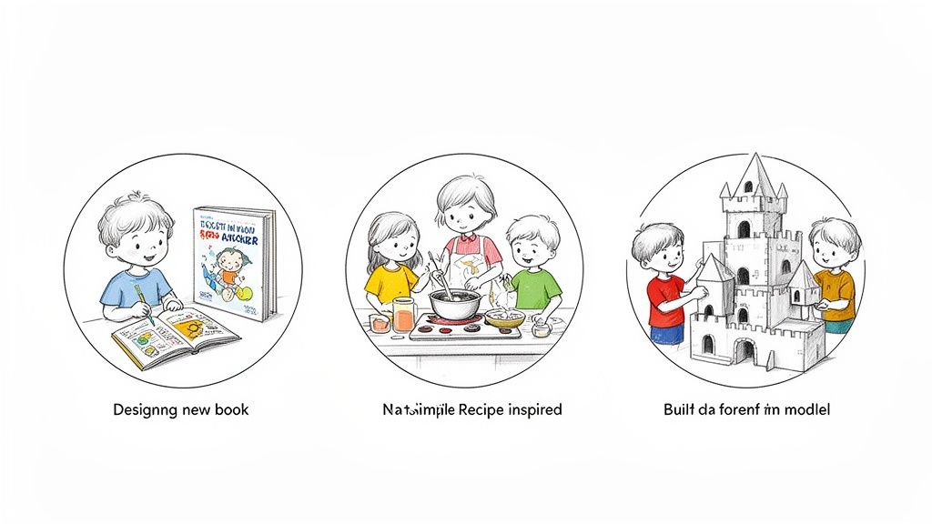 Three illustrations of children engaged in creative activities: a boy drawing, kids cooking, and boys building a castle.
