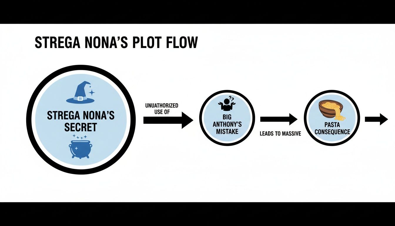 A plot flow diagram illustrating Strega Nona's secret leading to Big Anthony's mistake and a massive pasta consequence.