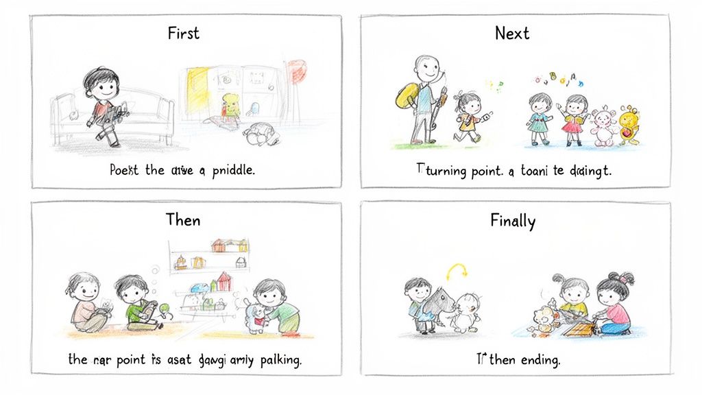 Four-panel comic strip shows children playing with toys and learning in various indoor settings.
