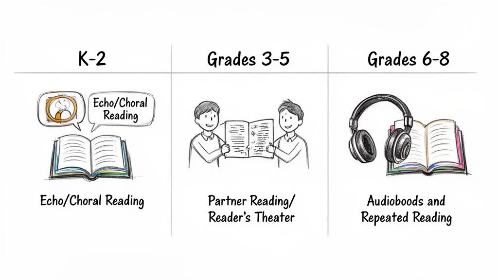An illustrated guide to reading fluency strategies across K-2, Grades 3-5, and Grades 6-8.