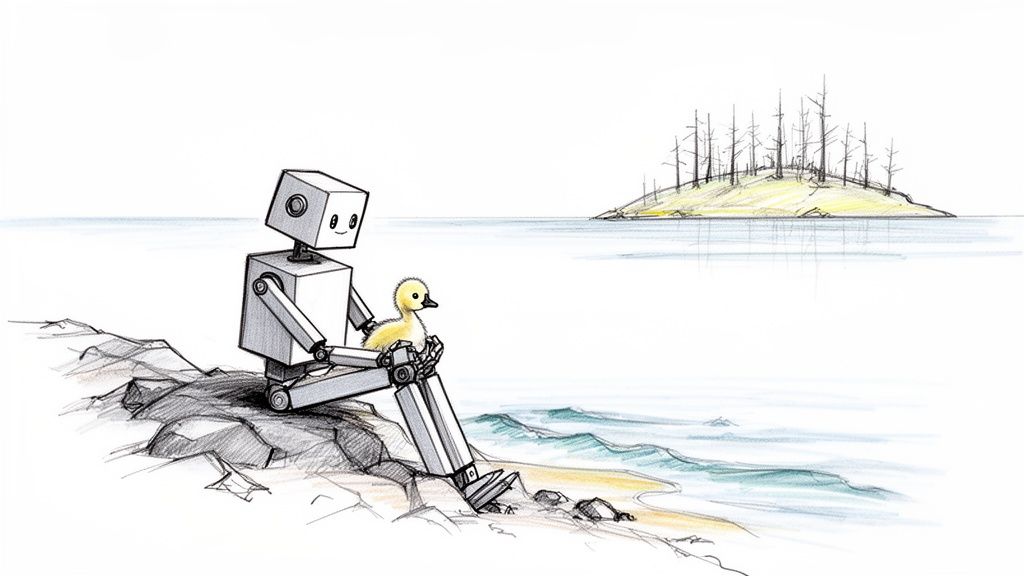 A friendly block-like robot sits by the water, gently holding a yellow duckling, observing a distant island.