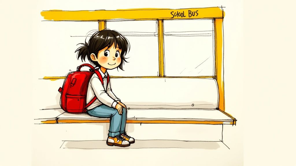 A happy cartoon girl with a red backpack sits alone on a bench inside a school bus, smiling.