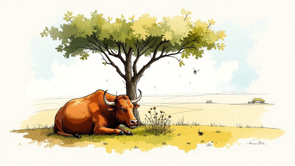 Peaceful brown bull resting under a leafy tree in a sunny pastoral landscape watercolor illustration