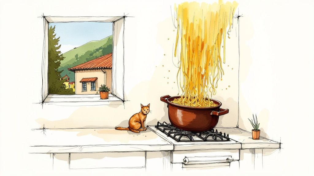 Hand-drawn kitchen scene: a cat watches spaghetti overflowing a pot, overlooking a scenic village.