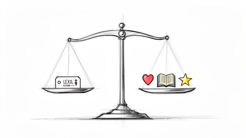 Sketch of a balanced scale weighing a Lexile score against a heart, open book, and star.