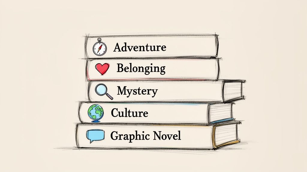 A stack of five books, each labeled with a different genre or theme like Adventure and Mystery.