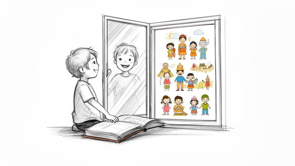 A boy reading a book looks at his reflection, seeing diverse children's characters in a window.