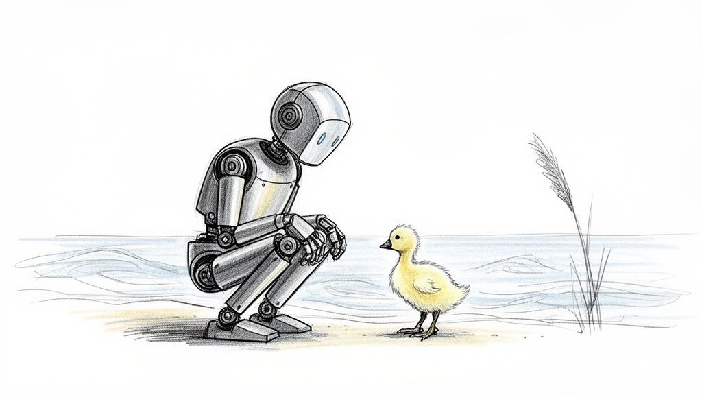 An illustration of a silver robot crouching on a sandy shore, looking down at a small yellow duckling.