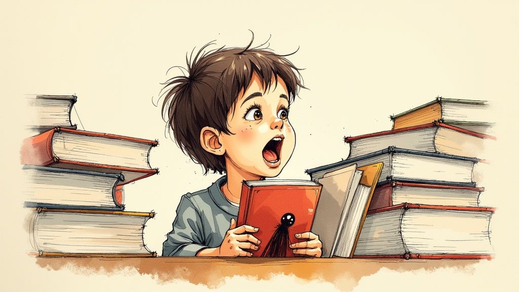 Young reader engrossed in a Goosebumps book in a dimly lit room, with the book's cover glowing faintly.