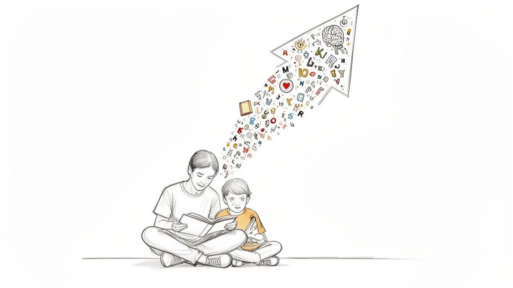 Two children reading a book, symbols of knowledge and learning ascend into an arrow.