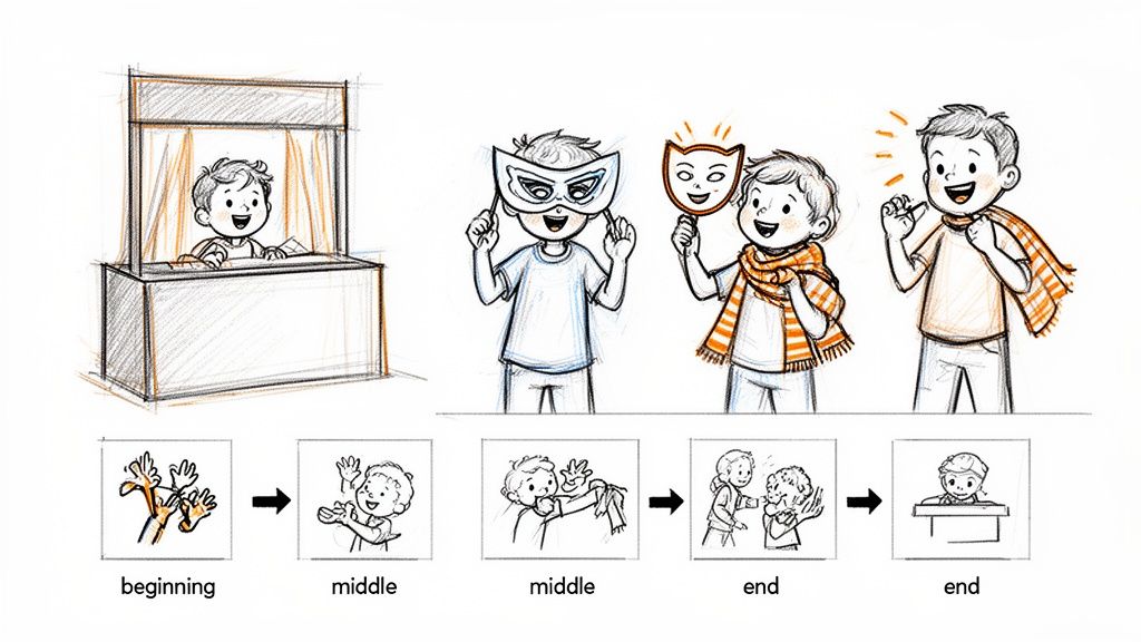 Illustrations of a boy engaging in imaginative play, using masks, scarves, and a puppet booth.