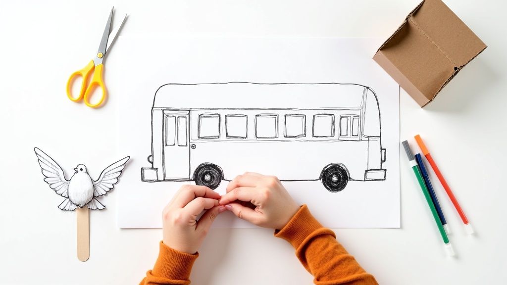 Child's hands working on a bus drawing with various craft supplies including scissors and markers.