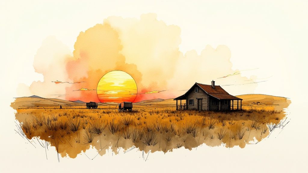 A family in historical clothing stands outside a rustic log cabin, evoking the pioneer spirit of Little House on the Prairie.