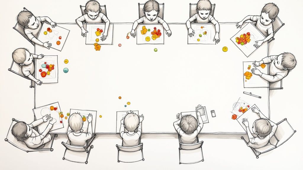 Children's hands sorting colorful buttons into different containers on a table.