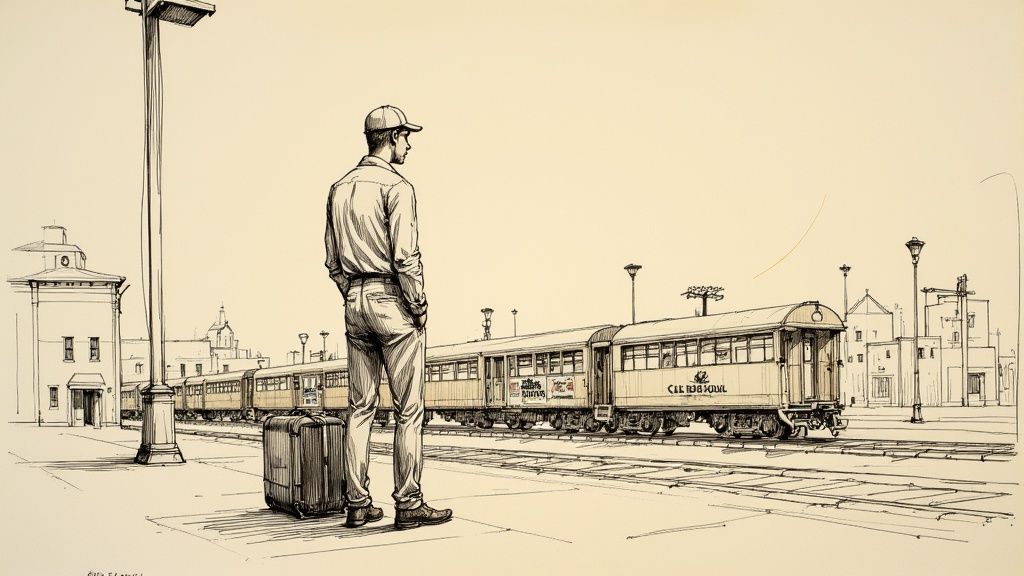 A young boy with a suitcase walking down a dusty road, representing Bud's journey.