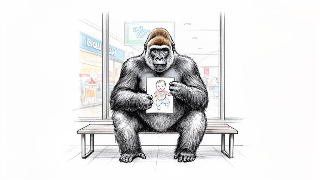 Illustration of a gorilla on a bench holding a drawing of a smiling baby in a shopping mall.