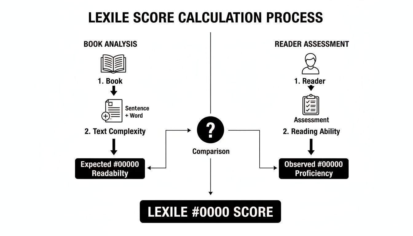 A flowchart detailing the Lexile score calculation process through book analysis and reader assessment.